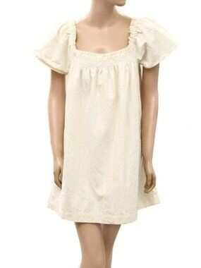 Free People Striped Printed Mini Dress Smocked Short Sleeves Cream XS 290386